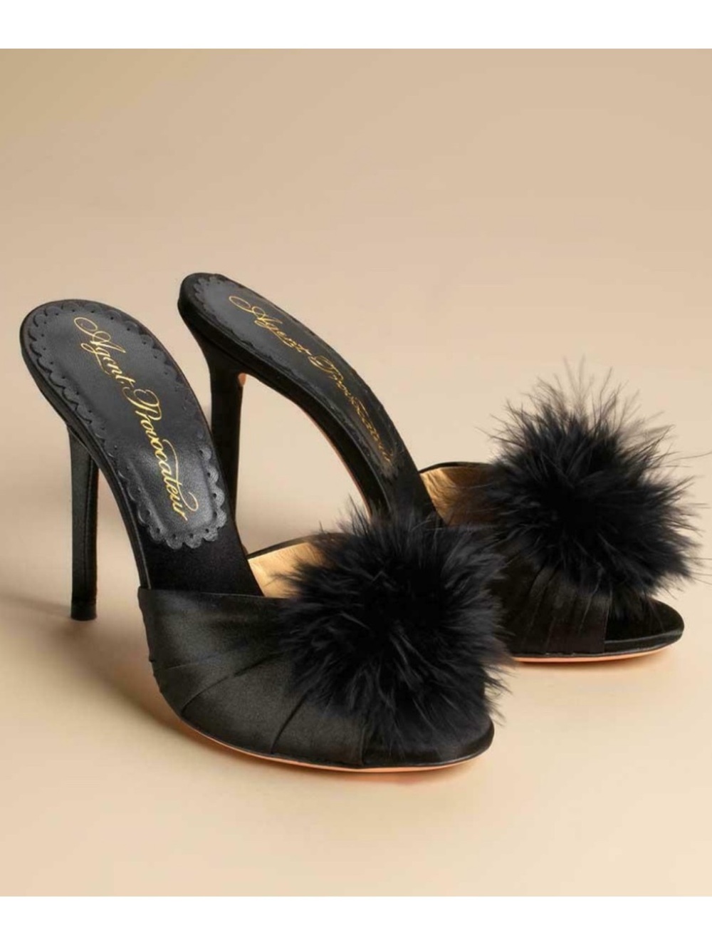 Agent Provocateur Elice Silk Satin Fur Pom Pom Marabou Mules in Black Size 40